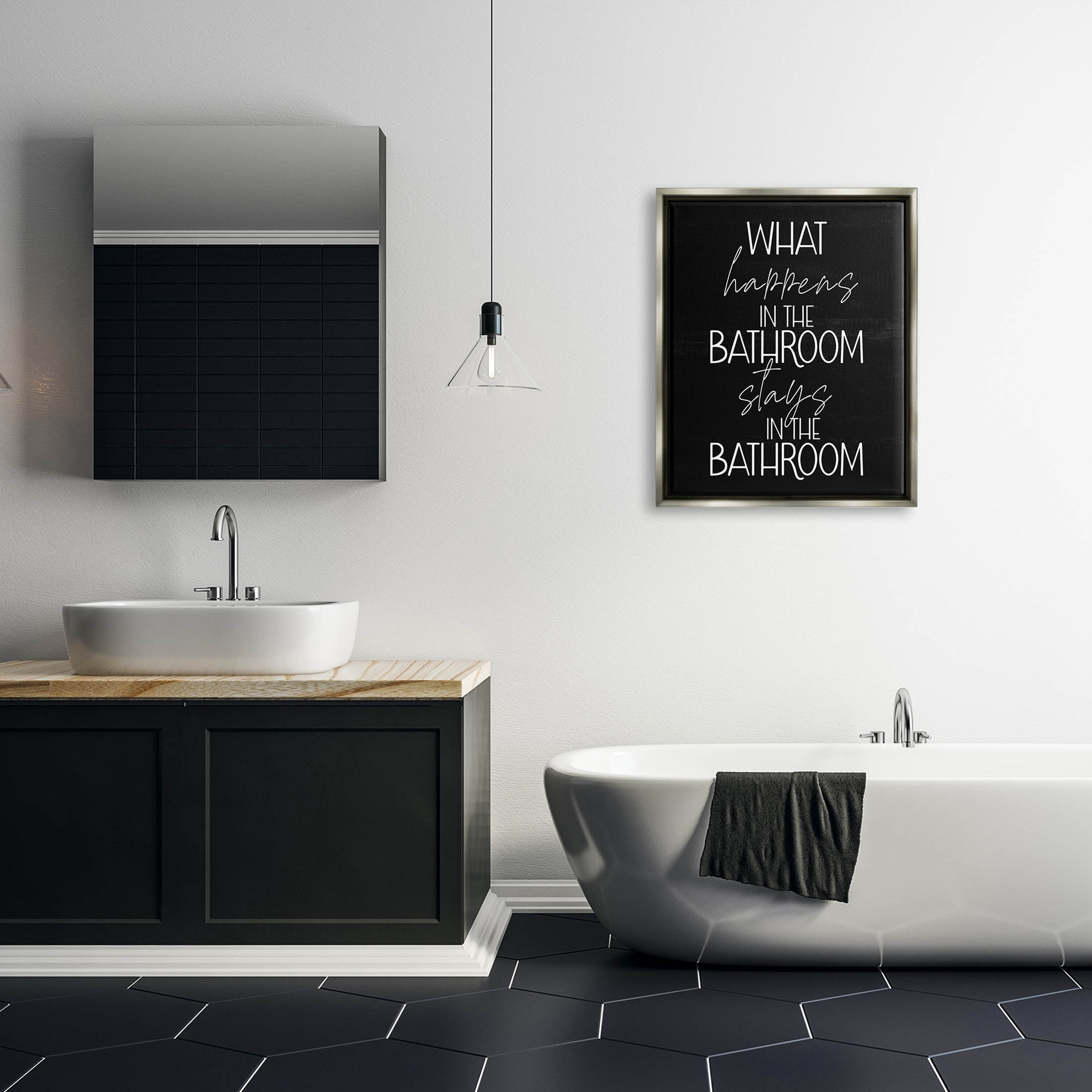 Stupell Industries What Happens In The Bathroom Graphic Art Luster Gray Floating Framed Canvas Print Wall Art, Design by Lil' Rue