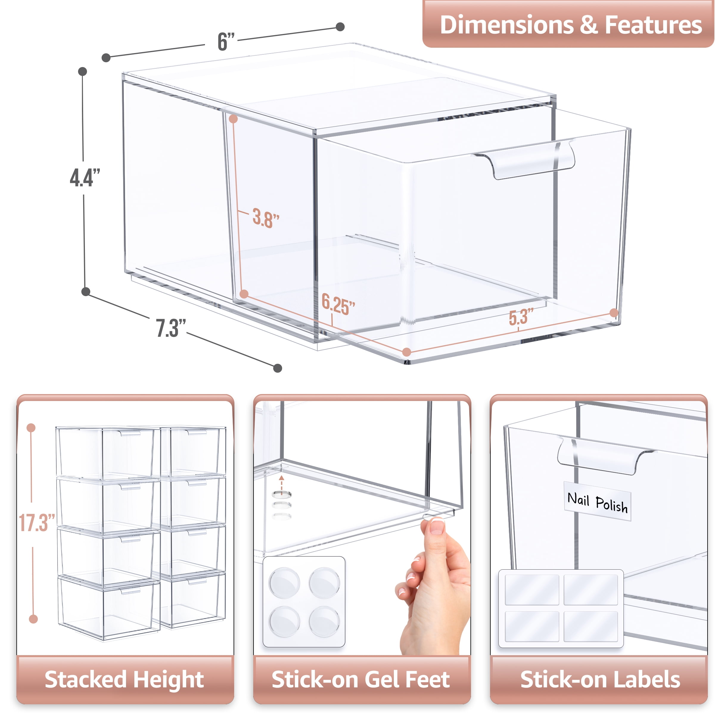 Sorbus 8-Pack Clear Acrylic Makeup Organizer Drawers – Stackable Plastic Storage Bins for Bathroom, Vanity, or Office Organization