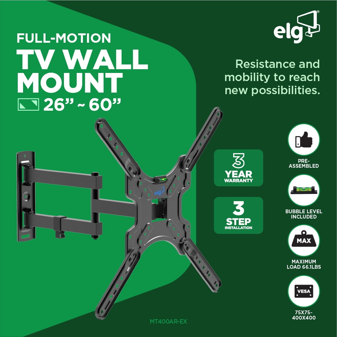 Full Motion MT400AR-EX TV Wall Mount 26–60 Inch Swivel Tilt Extend Dual Arm VESA 400x400 Supports up to 66 lb