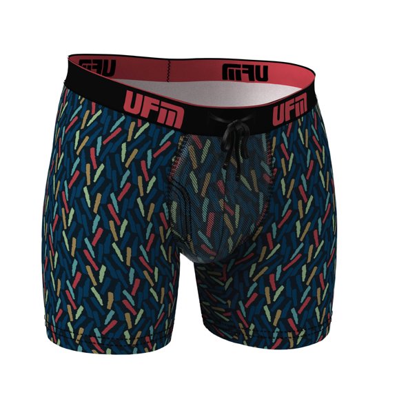 UFM Mens Designer Series Bamboo/Spandex 6 inch inseam Boxer Brief featuring UFM's Exclusive Patented Adjustable Support Pouch, Regular Support, Confetti, 36-38 waist