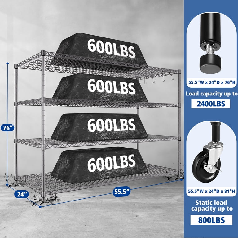 TrumanPick 4-Tier Heavy-Duty Wire Shelving Unit, Chrome, 2400 Lbs photo 2