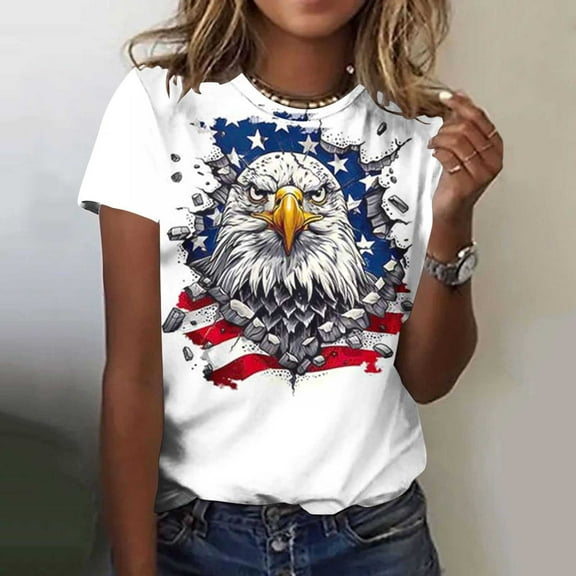 Cavosen Independence Day Shirts Women Petite Patriotic Short Sleeve Round Neck Shirts USA Flag Print Shirts Lady XL Independence Day Casual Tops Funny 4th of July Tunic Tees 2025 Patriotic Blouses