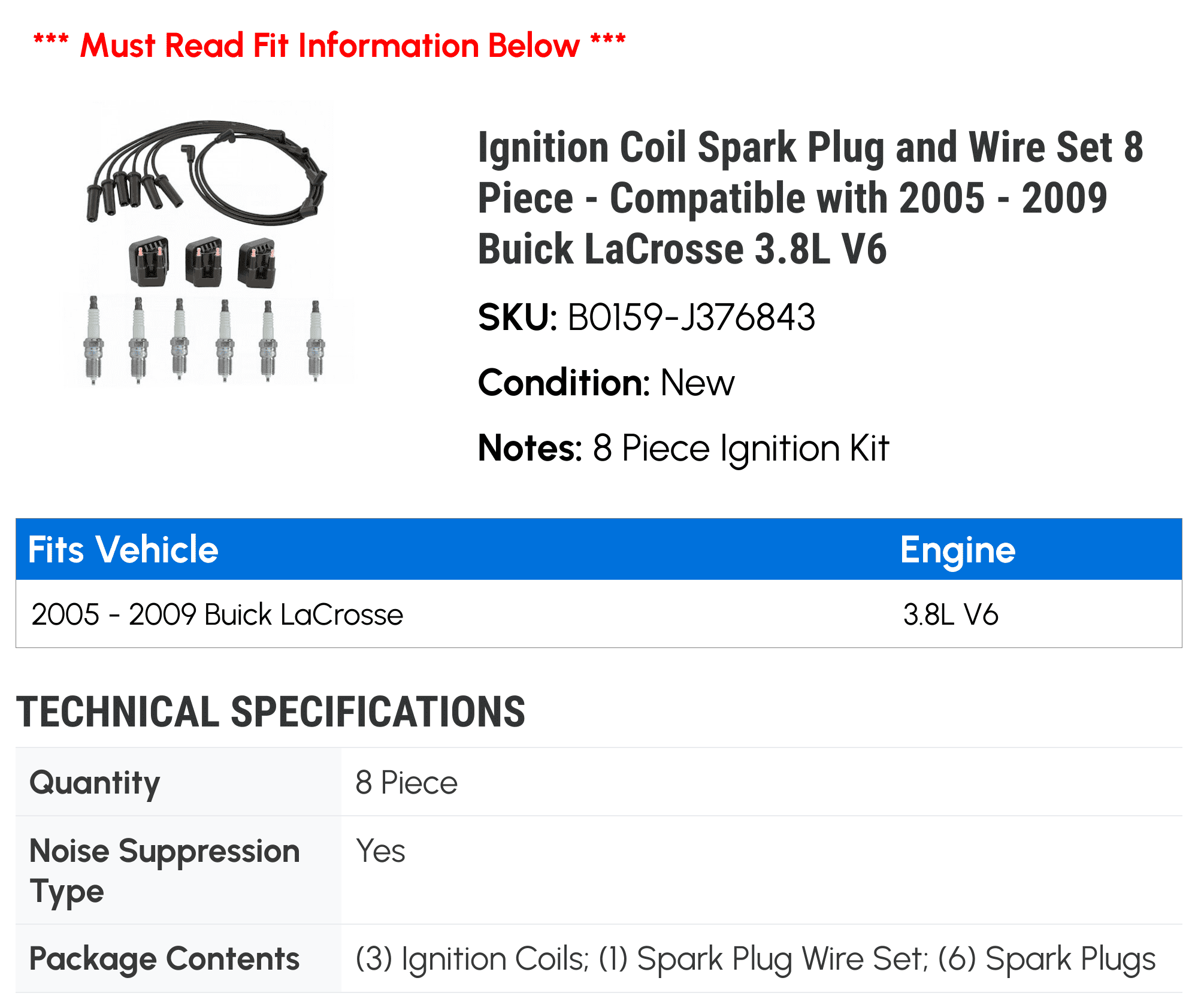 Ignition Coil Spark Plug and Wire Set 8 Piece - Compatible with 2005 - 2009 Buick LaCrosse 3.8L V6 2006 2007 2008