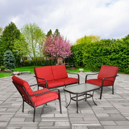 Mainstays Stanton Cushioned 4-Piece Patio Conversation Set, Red - Walmart.com