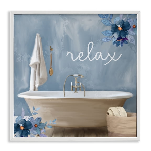 Stupell Industries Shabby Chic Blue Floral Relax Bathroom Scene White Framed Giclee Art, 17 x 17, by Kim Allen