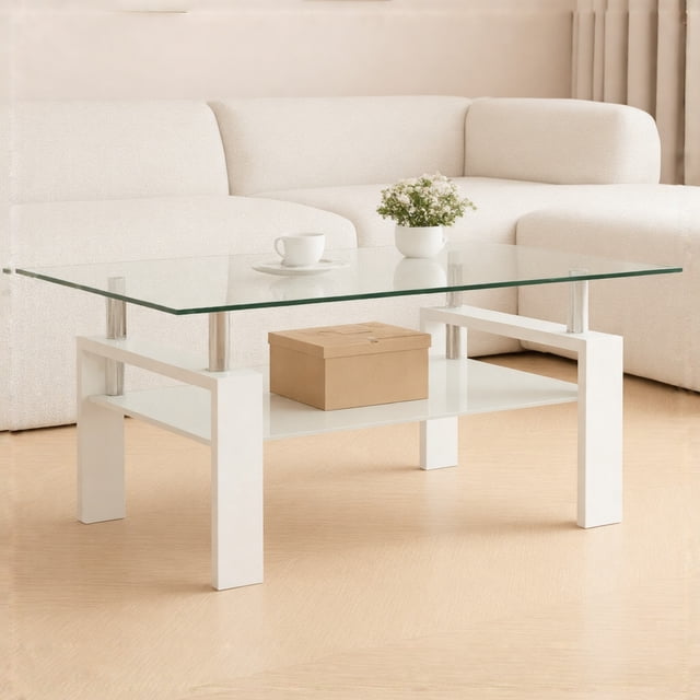Table Basse en Verre Clair - Table d'Appoint Moderne pour Salon - Blanc