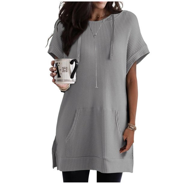 Fiudx Ropa de Mujer Blusas de Manga Corta con Capucha y Bolsillos de Color Sólido Informal a La Moda para Mujer