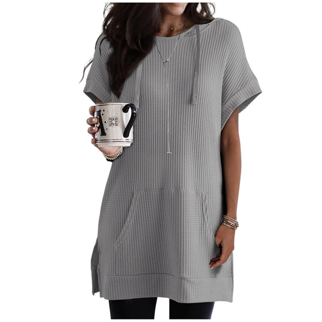 Frostluinai Oversized Waffle Shirts Womens Batwing Sleeve Crew Neck Drawstring Tops Solid Color Lounge Slit Hem T Shirts Loose Fit Blouses