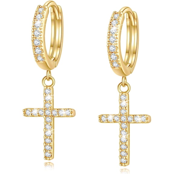 KGOJDYNFYSL 14K Gold Plated Drop Dangle Cross Hoop Earrings Trendy Gold Cross Earrings for Women Small CZ Huggie Hoops Dangling Diamond Cross Earrings for Men Hypoallergenic Lightweight