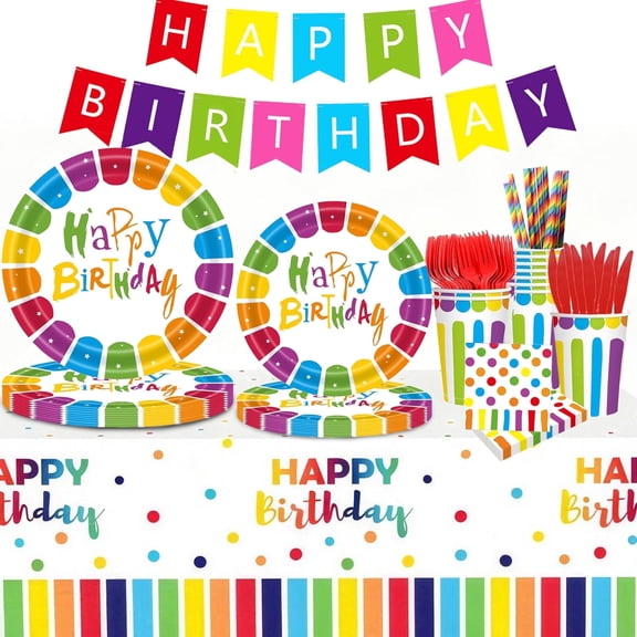 JILhome 92 Pcs Happy Birthday Party Decorations, Colorful Dinnerware Sets, Plate, Napkin, Cup, Spoon, Fork, Table Knife, Straw,Banner, Tablecloth, Dishware Sets for Birthday Decorations, Serves 10