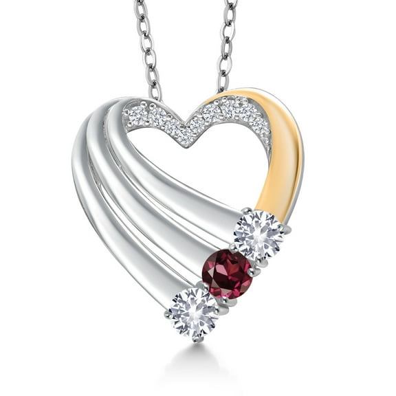 925 Silver and 10K Yellow Gold White Created Sapphire and Red Rhodolite Garnet and White Lab Grown Diamond Heart Pendant for Women | 0.97 Cttw | Gemstone September Birthstone | With 18 inch Chain
