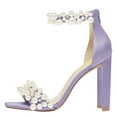 thumbnail image 2 of FSJ Women Open Square Toe Two Strap Pearls Sandals Back Zipper High Chunky Heels Summer Prom Wedding Shoes Size 8 Purple, 2 of 5