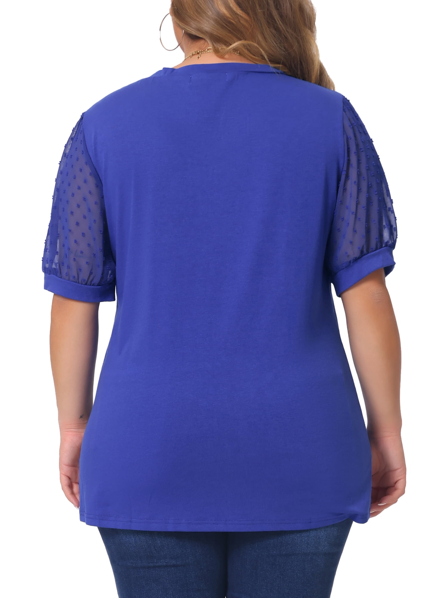 Women's Plus Tops V Neck Swiss Dots Puff Sleeve Casual Blouse Shirt 3X Blue