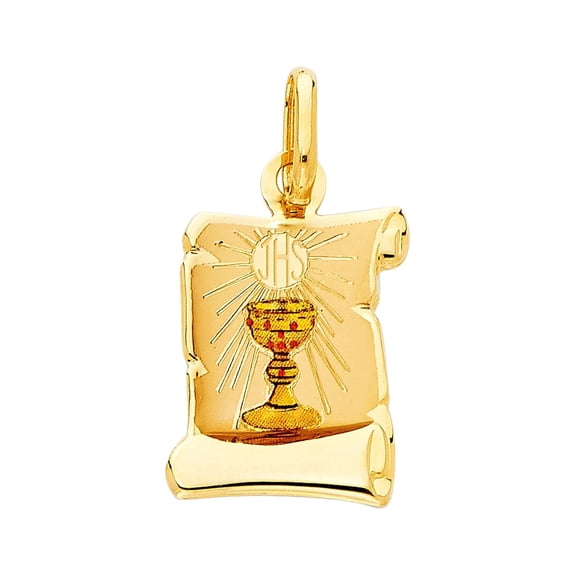 14KY Communion Enamel Picture Religious Pendant | Yellow Gold Charm Pendant for Necklace Chain | Gift for Men Women | 20 x 15 MM | 1.0 grams