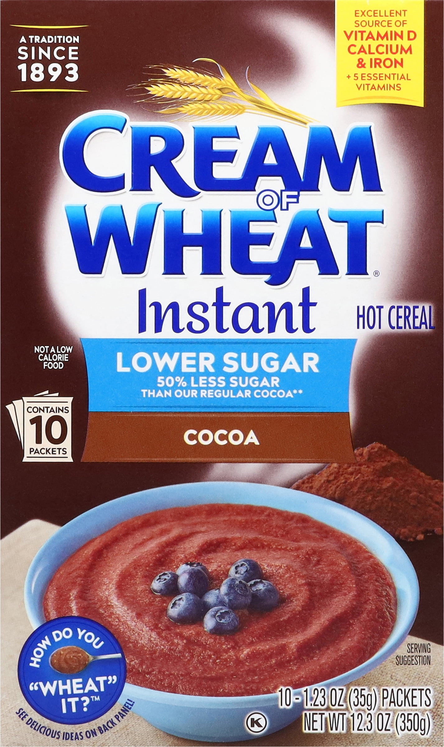 (2 pack) Cream of Wheat, Instant Hot Cereal, Cocoa Flavor, 10-1.23 oz Packets Shelf Stable Cardboard Box