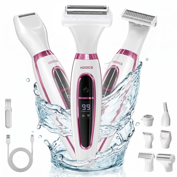 HOOICB Electric Razor for Women, 6-in-1 Rechargeable Cordless Hair Removal Shaver for Legs, Underarms and Bikini, Wet and Dry Use with LED Display