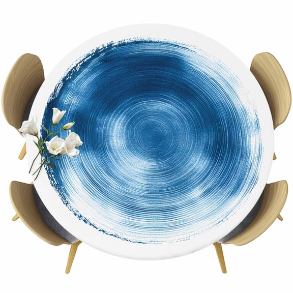 Blue Round Fitted Table Cover Abstract Gradient Waterproof Table Cloth with Elastic Edge Wipeable Tablecloth for Picnic Camping Party Fits 55"-60" Diameter