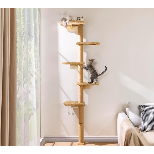 Floor to Ceiling Cat Tree for Kittens Wall Mounted Cat Wall Shelves with Grey Felt Pads Adjustable Wild Simulation Cat Tower Rotatable Platforms for Climb Scratch and Look