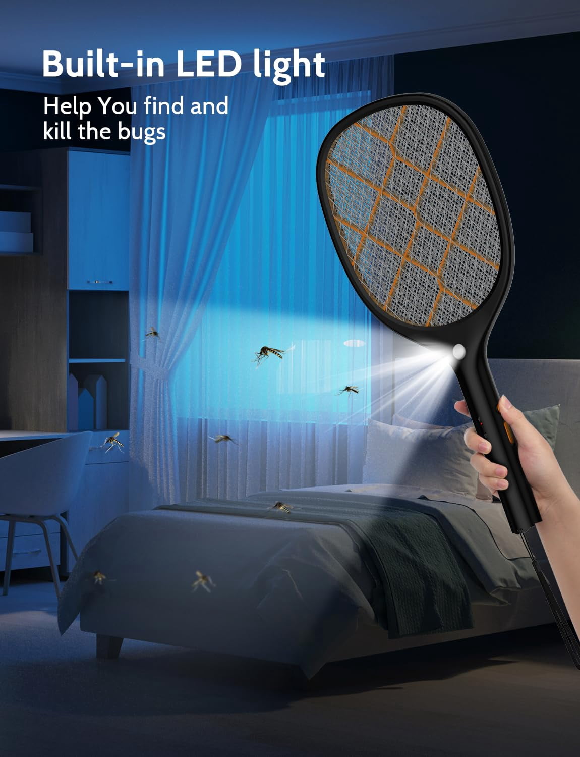 Electric Fly Swatter Zapper Racket 4000v Rechargeable Mosquito Killer With Led Light For Indoor Home Office Backyard Patio Camping (2  Black Orange)