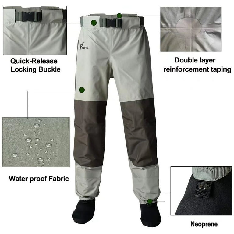 8 Fans Waist Waders,3-Ply Durable Breathable Waterproof Stockingfoot Insulated Wading Pants for Mens & Womens, adult Unisex, Size: 2XL, Beige