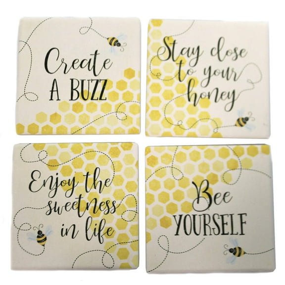 Carson SS74368 Trendy Bee Square House Coaster Set of 4, 4-inch Diameter, Multicolor