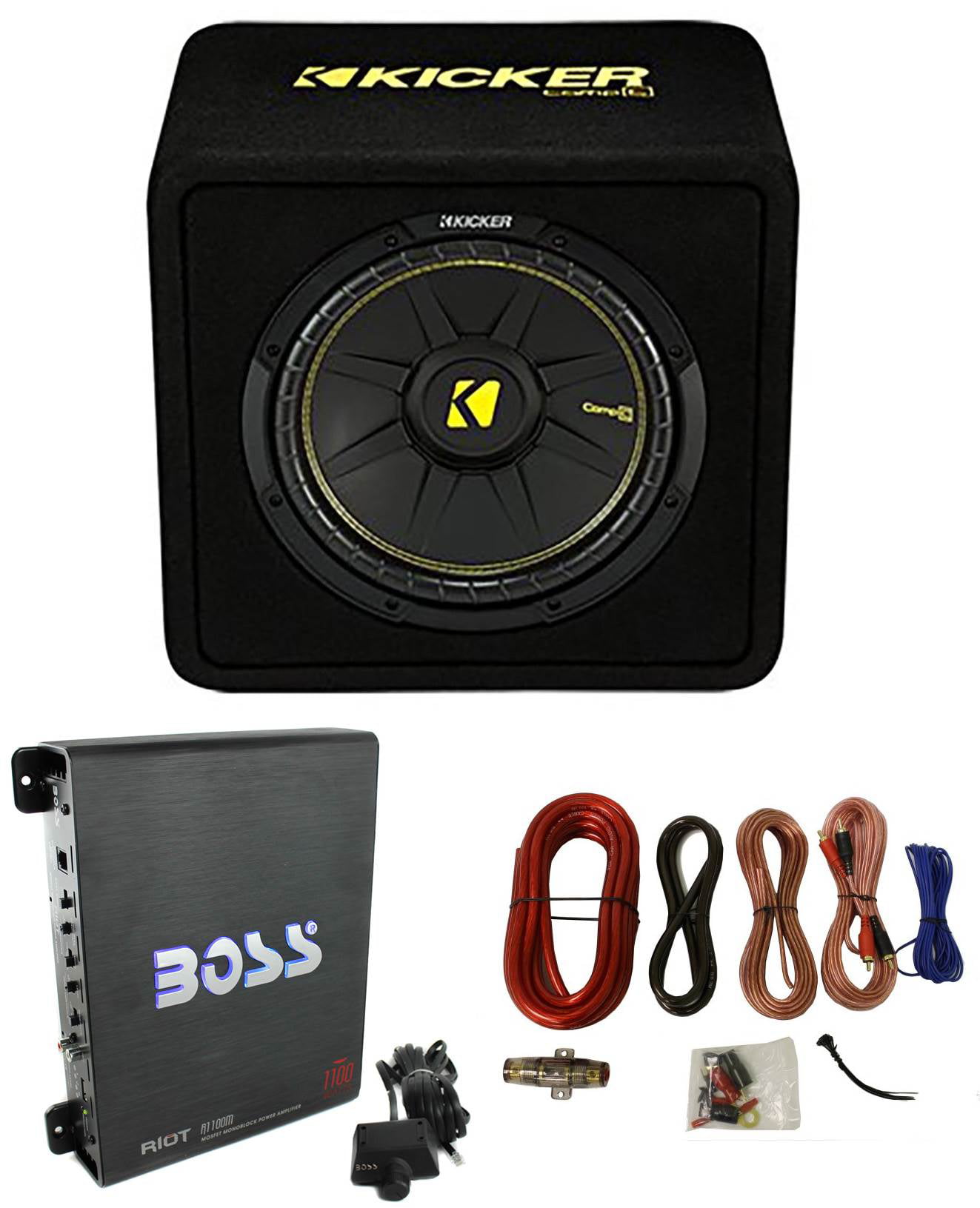 Kicker 12" 600W Car Subwoofer Enclosure and 1100W Mono Amplifier w/ Wiring Kit