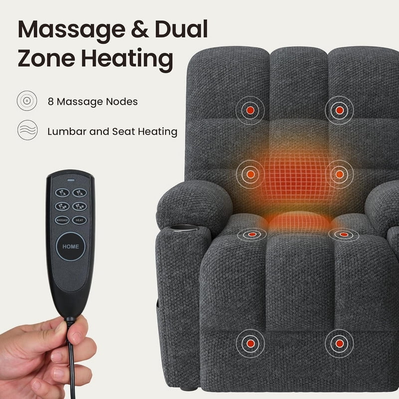 COLAMY Serene Dual Motors Power Lift Recliner Chair with Massage and Heat for Elderly People, Independent Adjustable Backrest Headrest, Extended Footrest，USB Charging Ports and Cup Holders, Dark Gray