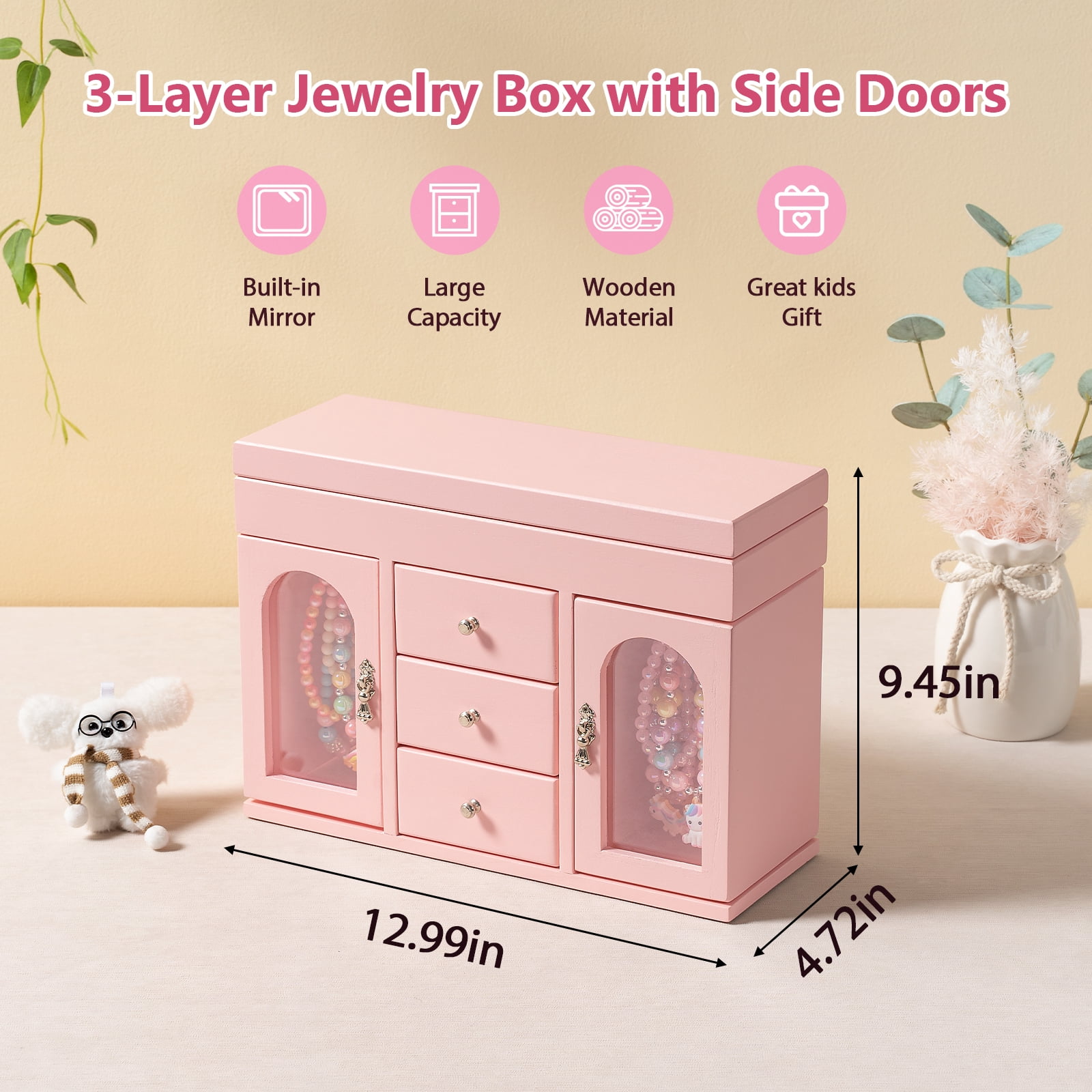 Sfugno Musical Jewelry Box for Girls, Wooden Jewelry Organizer Box