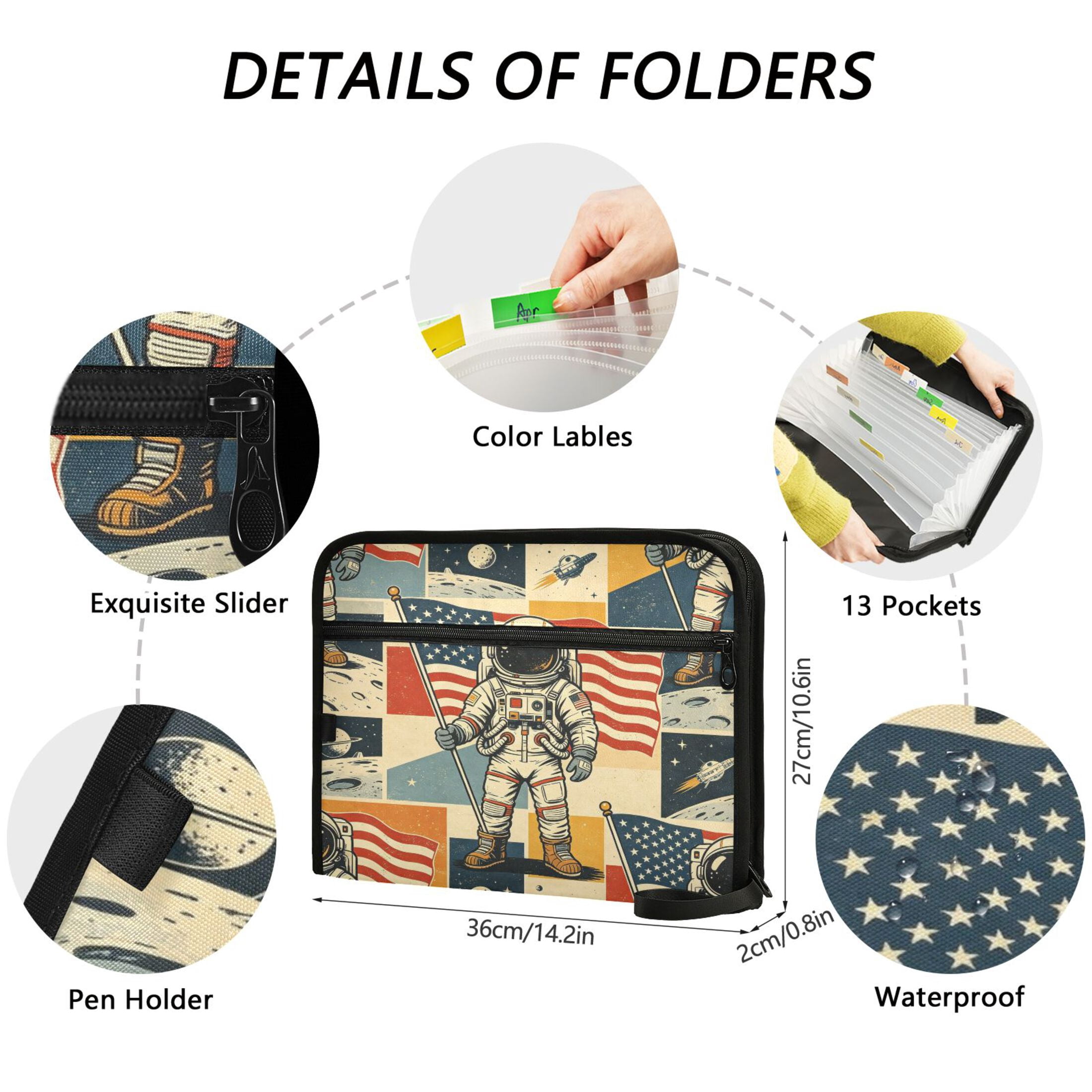 13-Pocket Expanding File Folder—Nylon Accordion File Organizer with Handwritten Labels, Moon Landing