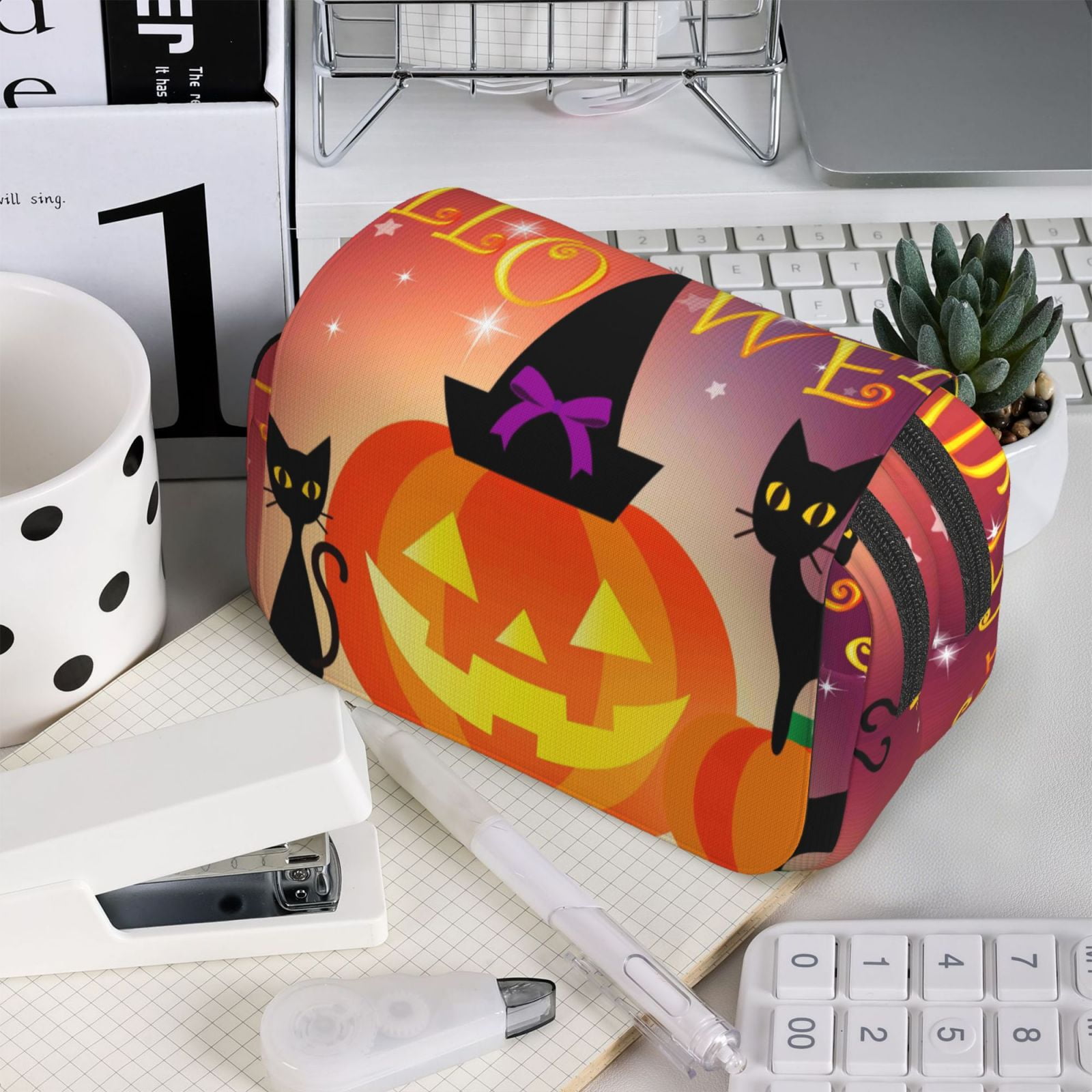 Rateoe Halloween Pattern Double Clamshell Pen Case, Storage Organizer with Two Zipper Compartments– Holds Up to 50 Pencils & Pens