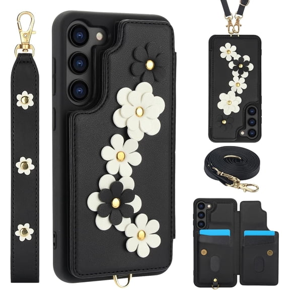 for Samsung Galaxy S24 Plus Case Exquisite Leather Built-in Flip Card Holder Freshness Small Flower Pattern with Long and Short Strap flip Bracket Daily Travel Women,5 Color