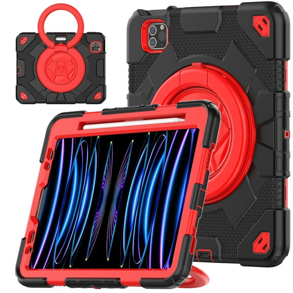 Dteck Case for iPad Pro 11 1st/2nd/3rd/4th Gen/iPad Air 4th/5th Generation,Heavy Duty 3-Layer Protection Case 360 Rotating Handle Grip Stand with Shoulder Strap Kids Friendly Cover,Black Red