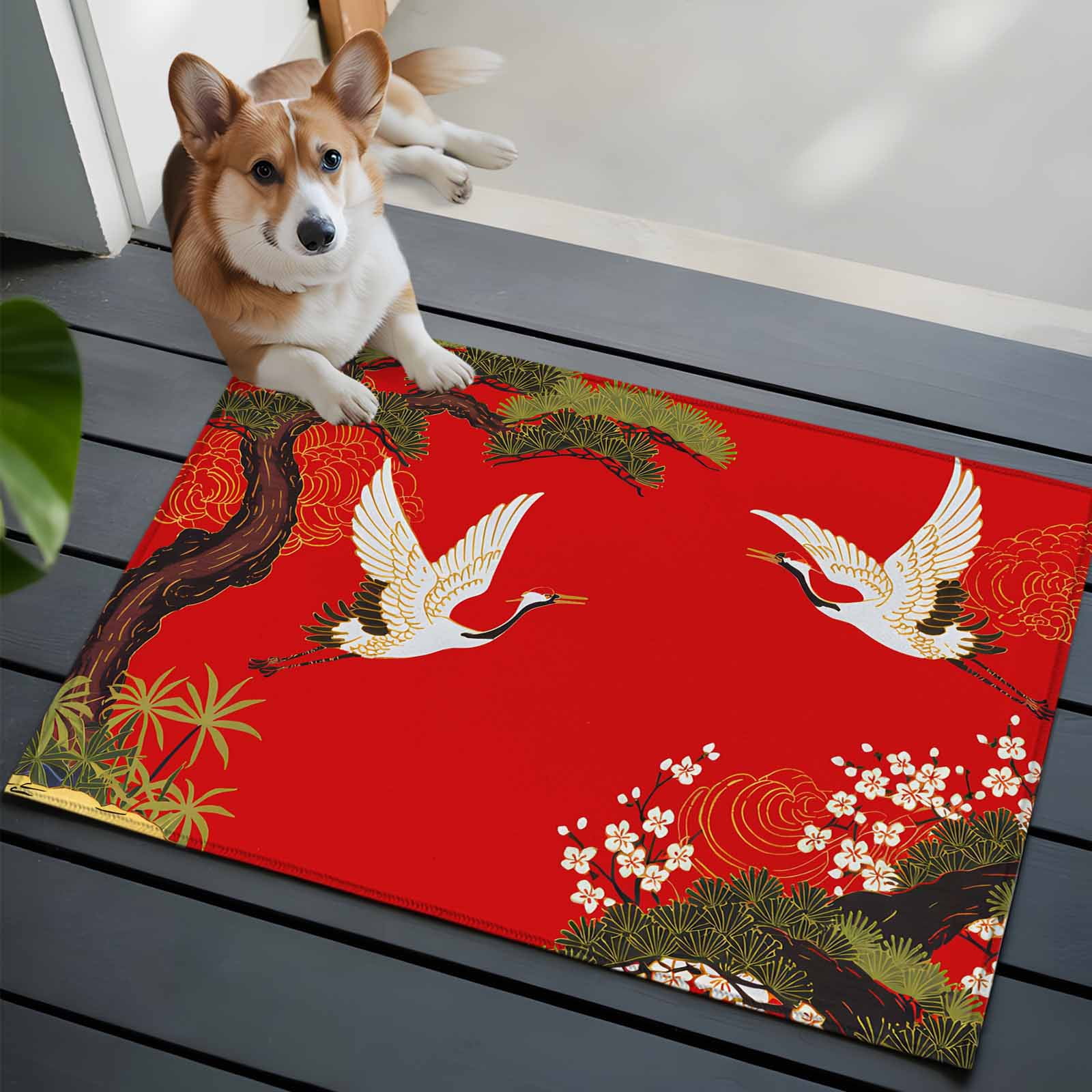 Area Rug 2x3ft, Retro Crane Pine Flower on Red Washable Rugs for Living Room Bedroom, Asian Chinese Pastoral Scenic Soft Non-slip Area Rugs Rectangle Floor Carpet for Dining Room