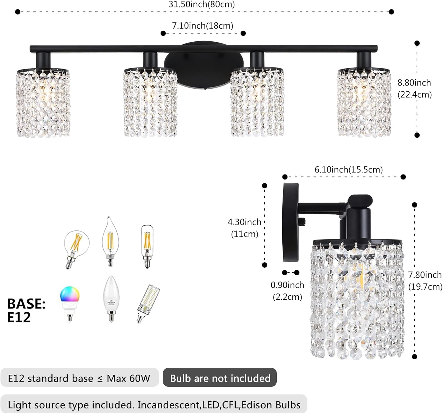 Modern Black Crystal 4-Light Vanity Light, Stylish Home Decor Wall Sconce for Bathroom