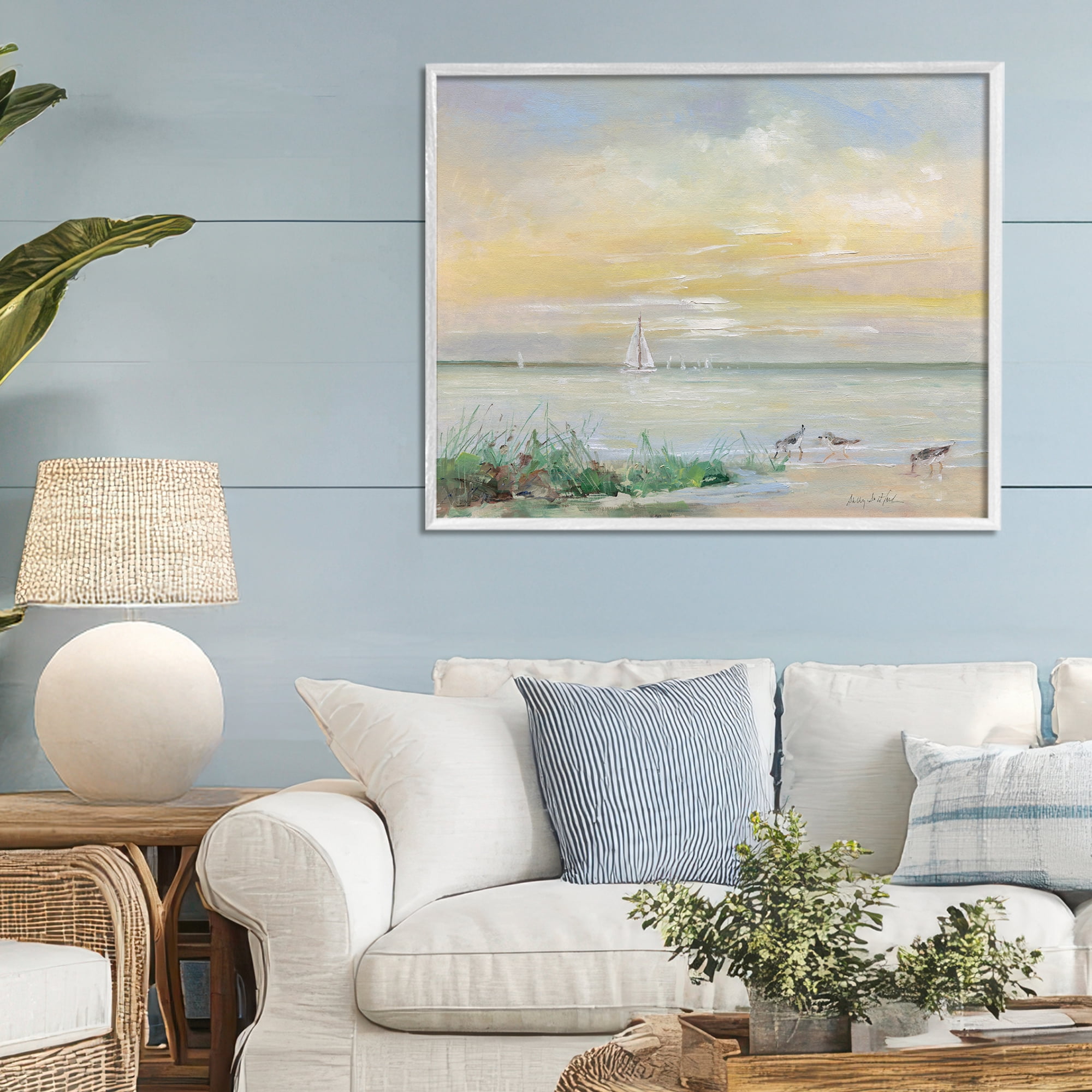 Stupell Industries Sailboats & Sanderlings Shore White Framed Giclee Art, design by Sally Swatland