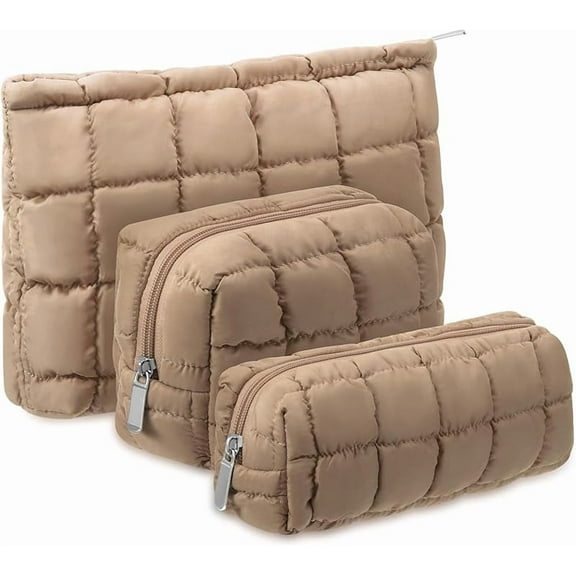 3 Pcs Puffy Makeup Bag Quilted Cosmetic Pouch for Women Cute Checkered Travel Toiletry Bag Puffer Makeup Organizer Purse Pouch Preppy Pencil Case with Zipper (Brown)