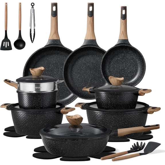 Carote Nonstick Cookware Sets, 16 Pcs Granite Non Stick Pots and Pans Set, Black