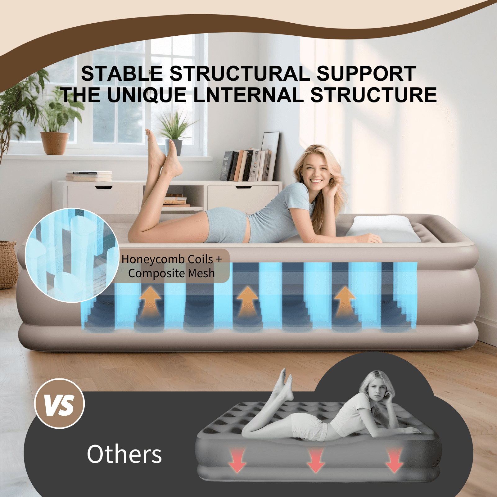 Full Air Mattress with Built-in Pump - 18" Extra Thick Inflatable Bed for Camping & Home,Khaki,3-Min Self Inflating with Carrying Bag.