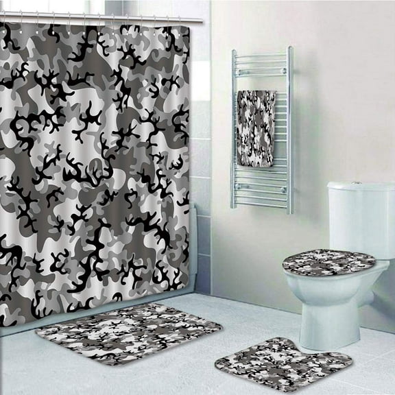 PRTAU Camo Battledress Concept Concealment Artifice Hiding Force Uniform Fashion Silver 5 Piece Bathroom Set Shower Curtain Bath Towel Bath Rug Contour Mat and Toilet Lid Cover
