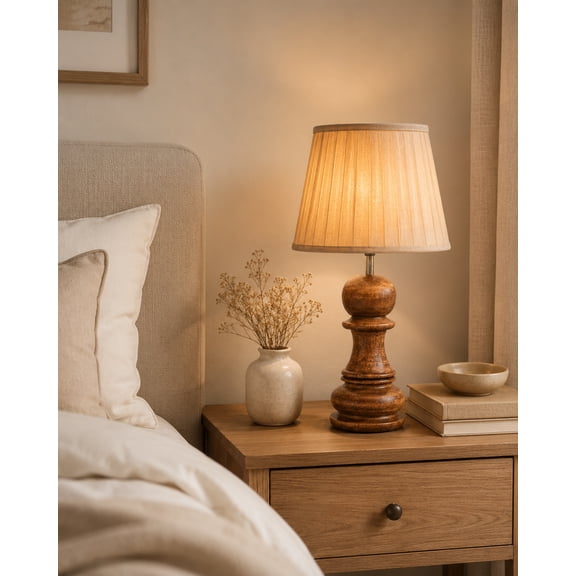 Chess Decorative Bedside Table Desk Lamp Linen Frilled Shade for Décor, Accent Light, Gameroom, Kids', Living Room, Bedroom, Handmade Wooden, Pawn