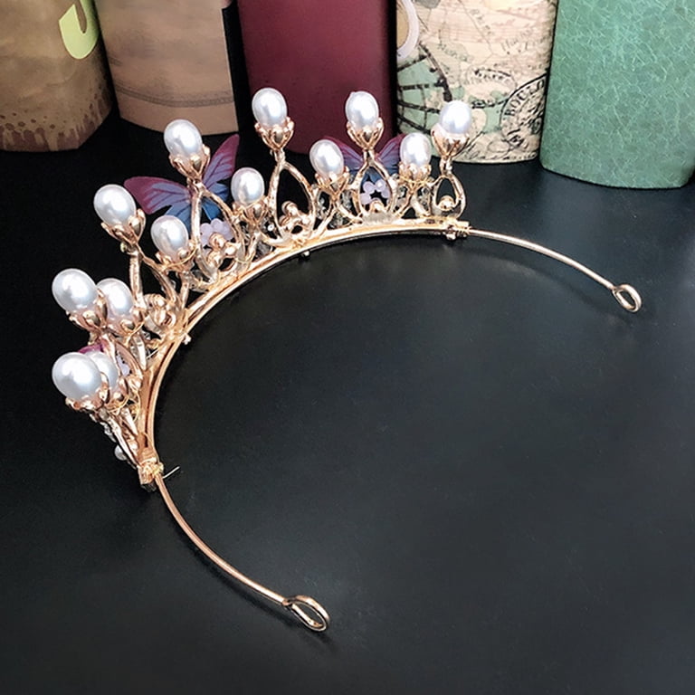 Women Faux Pearl Rhinestone Butterfly Crown Tiara Headband  display picture 3