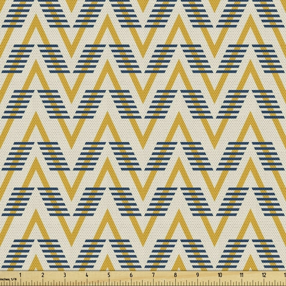 Abstract Fabric by the Yard Upholstery, Geometric Pattern of Zigzags and Horizontal Stripes Chevron, Decorative Fabric for DIY and Home Accents, Eggshell Dark Yellow by Ambesonne