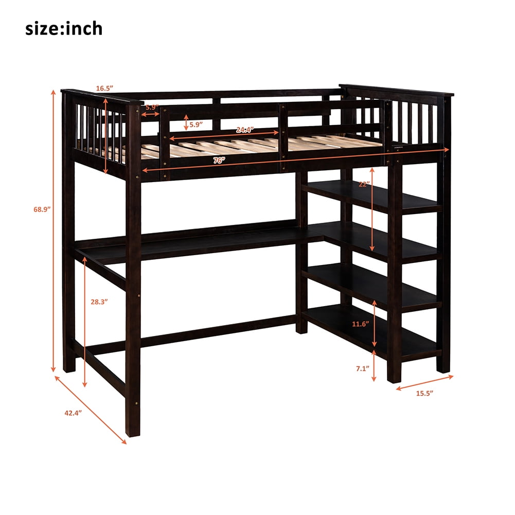 Lowestbest Twin Rubber Wood Loft Bed with Open Storage Shelves and Under-bed Desk, Espresso Lowestbest Twin Rubber Wood Loft Bed with Open Storage Shelves and Under-bed Desk, Espresso