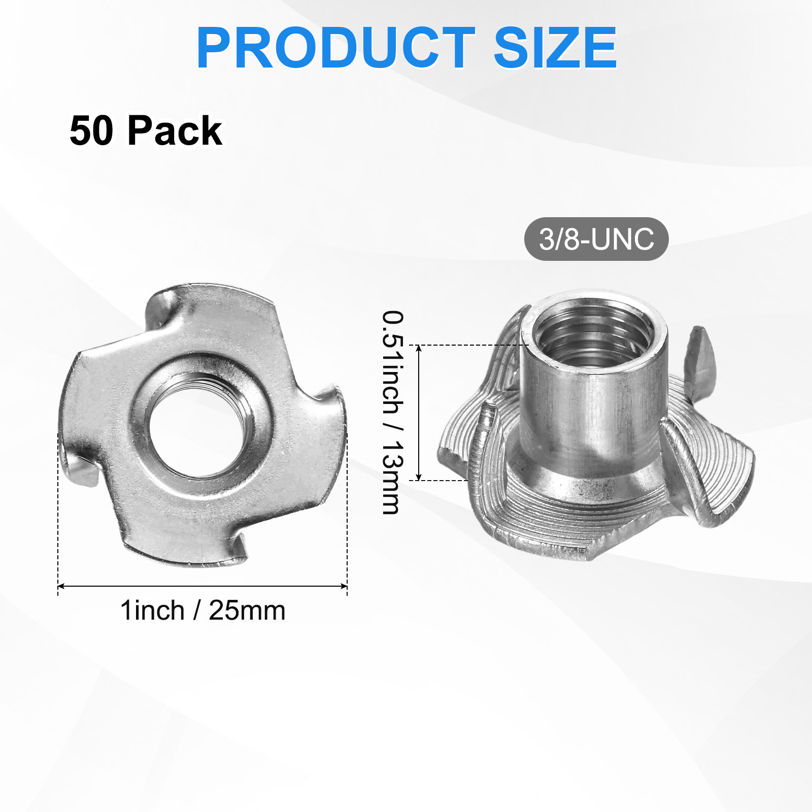 Uxcell 50-Pack 3/8-UNC T-nut, 4/8" Barrel Length Stainless Steel 4-Pronged Tee Nut Threaded Insert Corrosion Resistant Fasteners