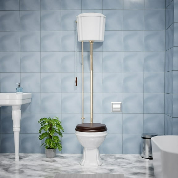 Renovator's Supply White High Tank Toilet with Round Bowl and Brass L-Pipe