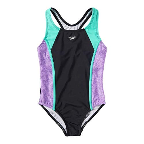 Speedo Girls Racerback Sport Splice One Piece Swimsuit (Black/Purple/Mint Small 7/8)