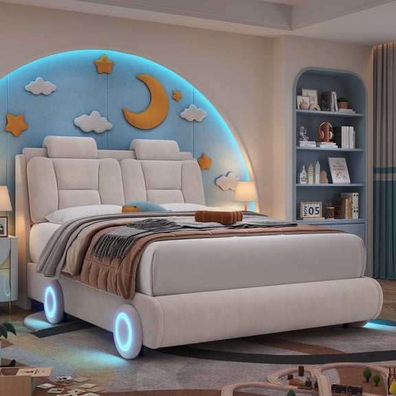 Homfa Full Size Car Bed Frame with LED Wheels, Velvet Upholstered Platform Bed with Adjustable Headboard and Removable Pillows, Beige