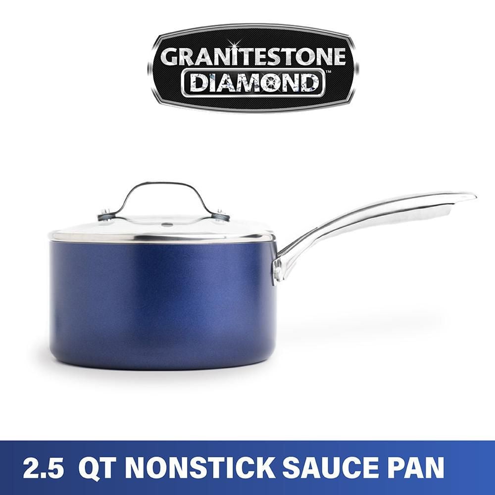 Granitestone 2.5 Quart Non-Stick Blue Saucepan with Glass Lid Durable Aluminum Oven and Dishwasher Safe