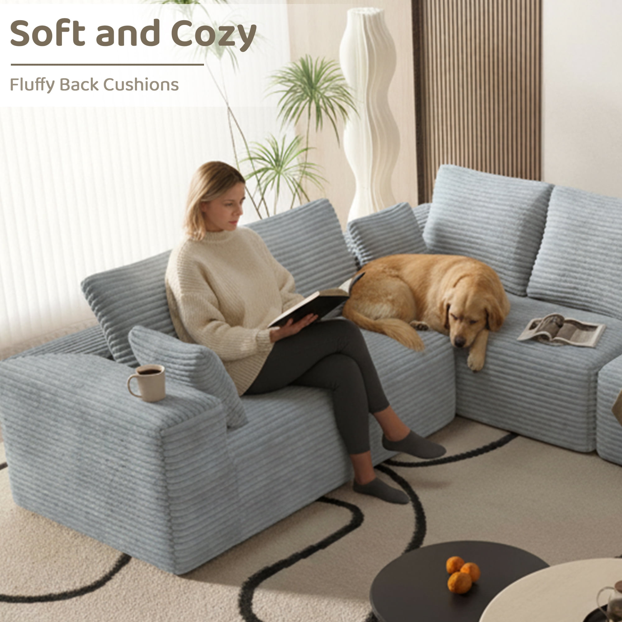 104.4" Modern L-Shaped Sectional Sofa for Living Room Bedroom, Modular Cloud Sectional Couch with Deep Seating Upholstered Sofa, Free Combination Sofa, Corduroy Upholstery, No Assembly, Gray Couch