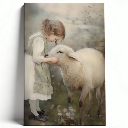 Premium Framed Canvas Wall Art - Vintage Girl & Lamb Watercolor Print, Rustic Farmhouse Decor for Nursery Bedroom Living Room, Easy to Hang, High-Definition Art 8*12inch(20*30cm)